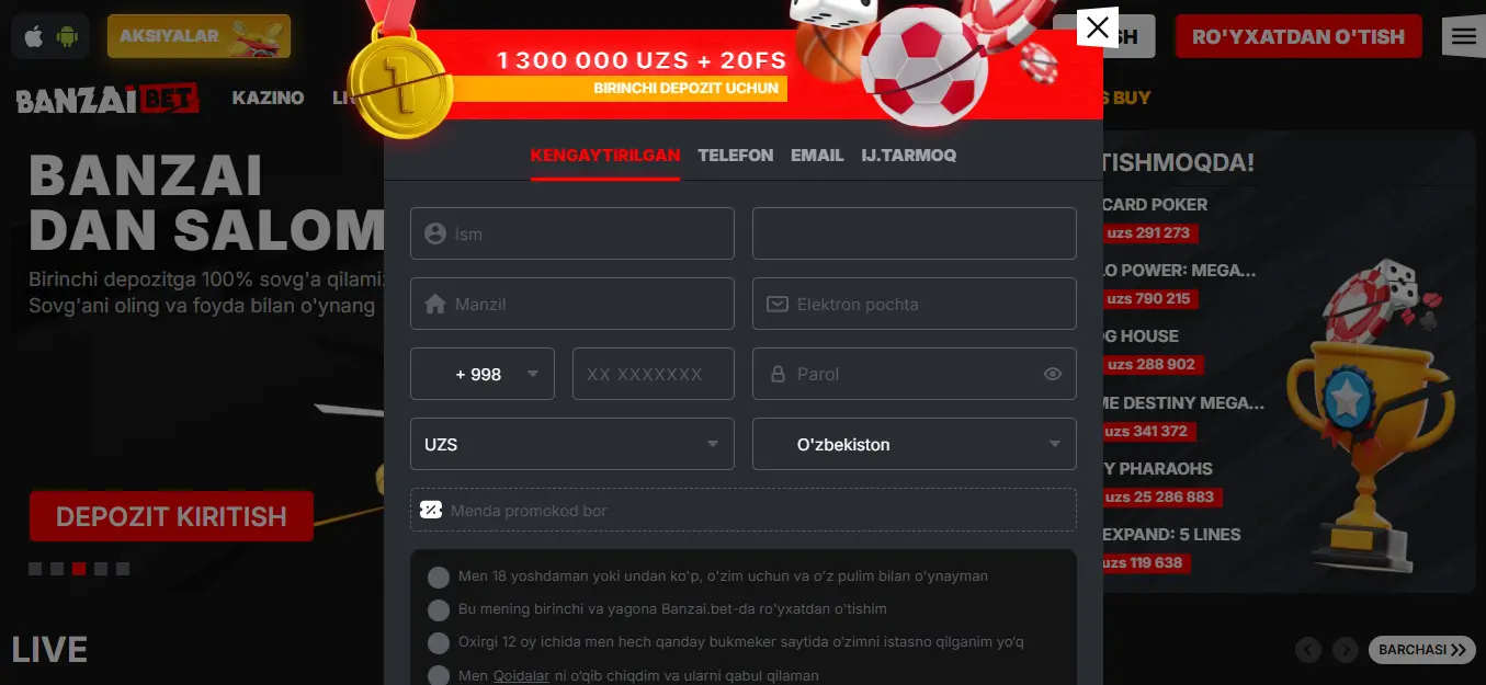 Banzai Bet screen